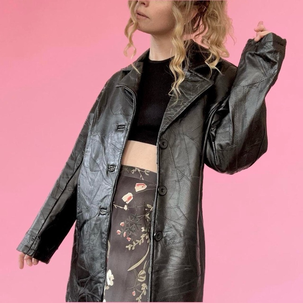 Black Patchwork 90s Leather Jacket - image 5